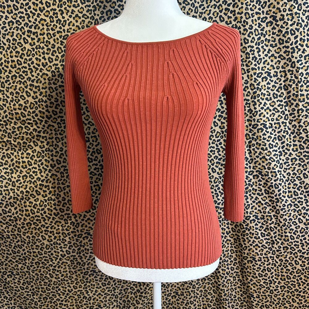 Vintage Y2K Burnt Orange Silk Blend 3/4 Sleeve Sweater Boat Neck Snatched Baddie